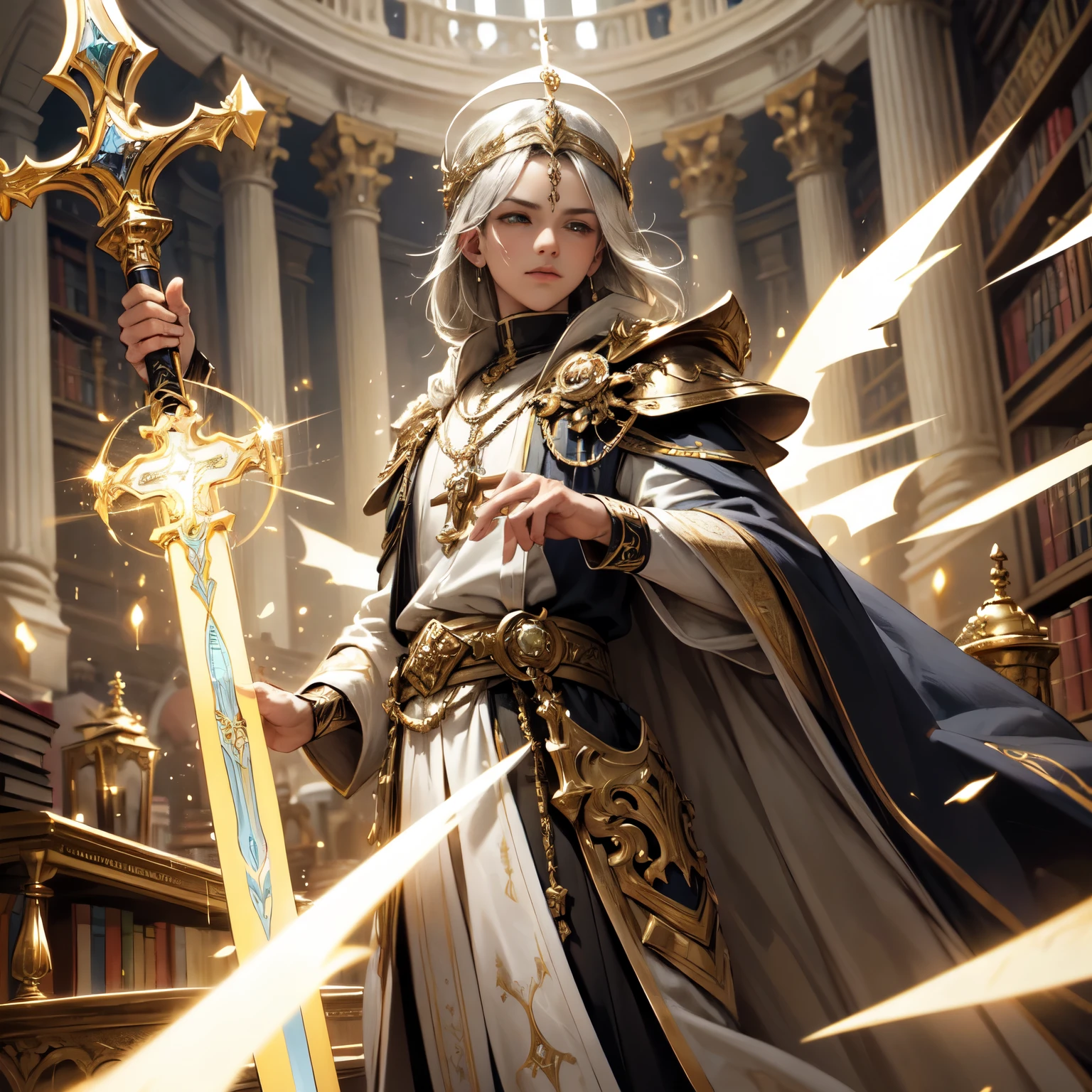 Crie uma imagem digital ultra HD de 8K de um nobre guerreiro Arcebispo sagrado de cabelos negros, longos e lisos, na biblioteca do castelo. O Arcebispo tem olhos castanhos profundos e pele morena. He is dressed in a dark blue velvet royal robe with gold and silver trim., adornado com joias sagradas que brilham suavemente. Ele usa uma mitra dourada com pedras preciosas, gold bracelets on the wrists and a sacred amulet around the neck. Na biblioteca, o Arcebispo empunha a Espada de Zeus. The sword is made of celestial gold and emits golden rays, with divine inscriptions along the blade that shine brightly. The hilt of the sword is adorned with small rays and lightning., simbolizando seu poder supremo. Ele segura a espada em uma pose de sabedoria, pronto para defender o conhecimento sagrado, while electric sparks dance around you. The Sword of Zeus is known for its ability to control thunder and lightning, e uma aura de poder divino emana dela. The library is vast, com estantes cheias de livros antigos e pergaminhos raros. Large reading tables with bronze chandeliers are scattered throughout the space., e luzes suaves filtram-se pelas janelas altas. A imagem deve capturar a atmosfera de sabedoria e estudo da biblioteca, highlighting the Archbishop's interaction with the Sword of Zeus.