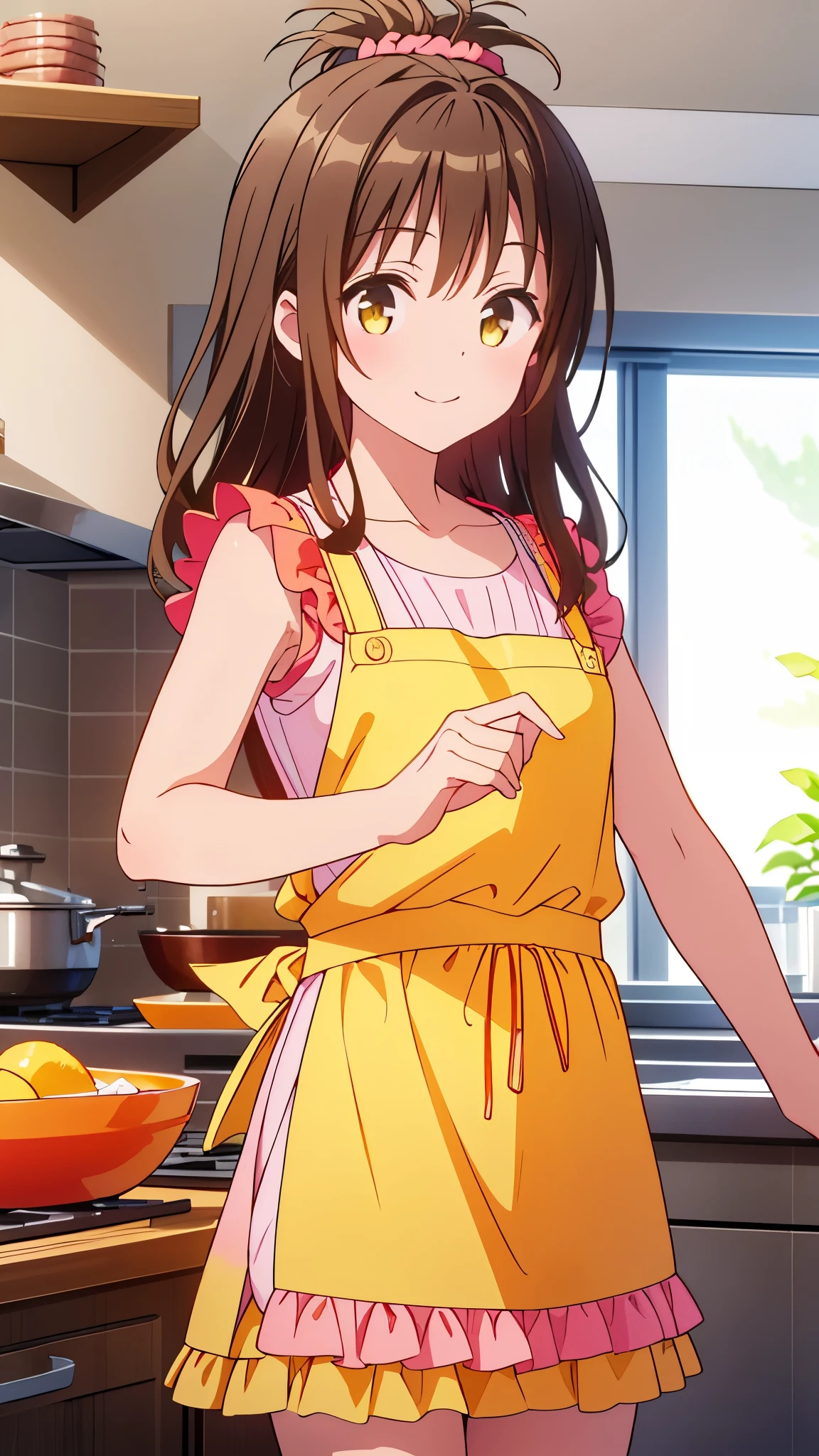 score_9, score_8_superior, score_7_superior, sauce_anime,
Follow Us, Yuki mandarin orange, Brown eyes, Brown Hair, hair ornaments, hair Scrunchie, Long Hair, pink Scrunchie, Scrunchie, smile,
apron, blouse, clavicle, layered skirt, pink shirt, shirt, Short sleeve, skirt, yellow apron,
indoor, kitchen, food,
View Viewer, Cowboy Shot, Dutch Angle, Dynamic pose,