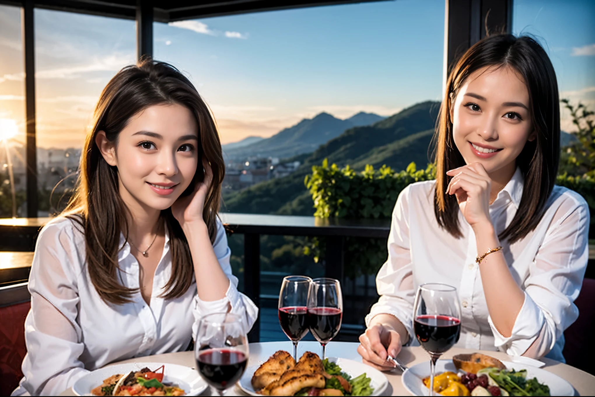 ((highest quality、8k、masterpiece:1.3))、1 male、1 female、lover、Beautiful couple、Japanese couple、Smile、Dinner Course、Appetizers、Italian food、 (Slim face), (the body is スリム), (Brown Hair), (Shortcuts), ((Bob Hale、Straight hair:1.2)), テーブルの上のwine glass、Please shine a light on my face、 Amazing view of the sunset sky and clouds、Amazing mountain views、The beauty of a smile、Bright image、Blushing, Shortcuts,Bright Face、 (36 years old), 39 years old, red wine 、Wine bottle、Champagne、sparkling wine、Long sleeve shirt、dress、Attractive beauty、restaurant, Nova Frog Style, actress, model, Upper Body, White wine, red wine, wine glass,