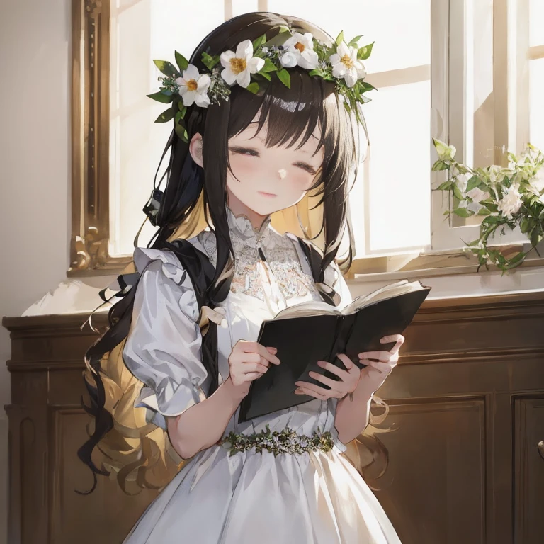 Anime girl in white dress reads a book in front of the window, guweiz, guweiz on pixiv artstation, hestia, Anime visuals of cute girls, anime moe art style, guweiz on artstation pixiv, in dress, artwork in the style of guweiz, Cute anime waifu in a nice dress