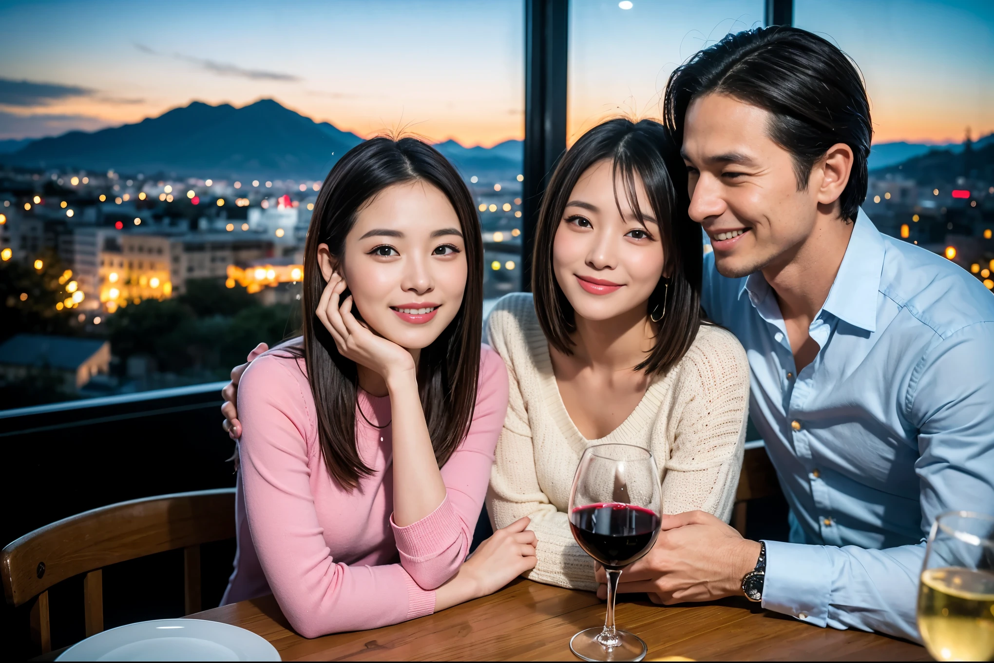 ((highest quality、8k、masterpiece:1.3))、1 male、1 female、lover、Beautiful couple、Japanese couple、Smile、Dinner Course、Appetizers、Italian food、 (Slim face), (the body is スリム), (Brown Hair), (Shortcuts), ((Bob Hale、Straight hair:1.2)), テーブルの上のwine glass、Please shine a light on my face、 Amazing view of the sunset sky and clouds、Amazing mountain views、The beauty of a smile、Bright image、Blushing, Shortcuts,Bright Face、 (36 years old), 39 years old, red wine 、Wine bottle、Champagne、sparkling wine、Long sleeve shirt、dress、Attractive beauty、restaurant, Nova Frog Style, actress, model, Upper Body, White wine, red wine, wine glass,