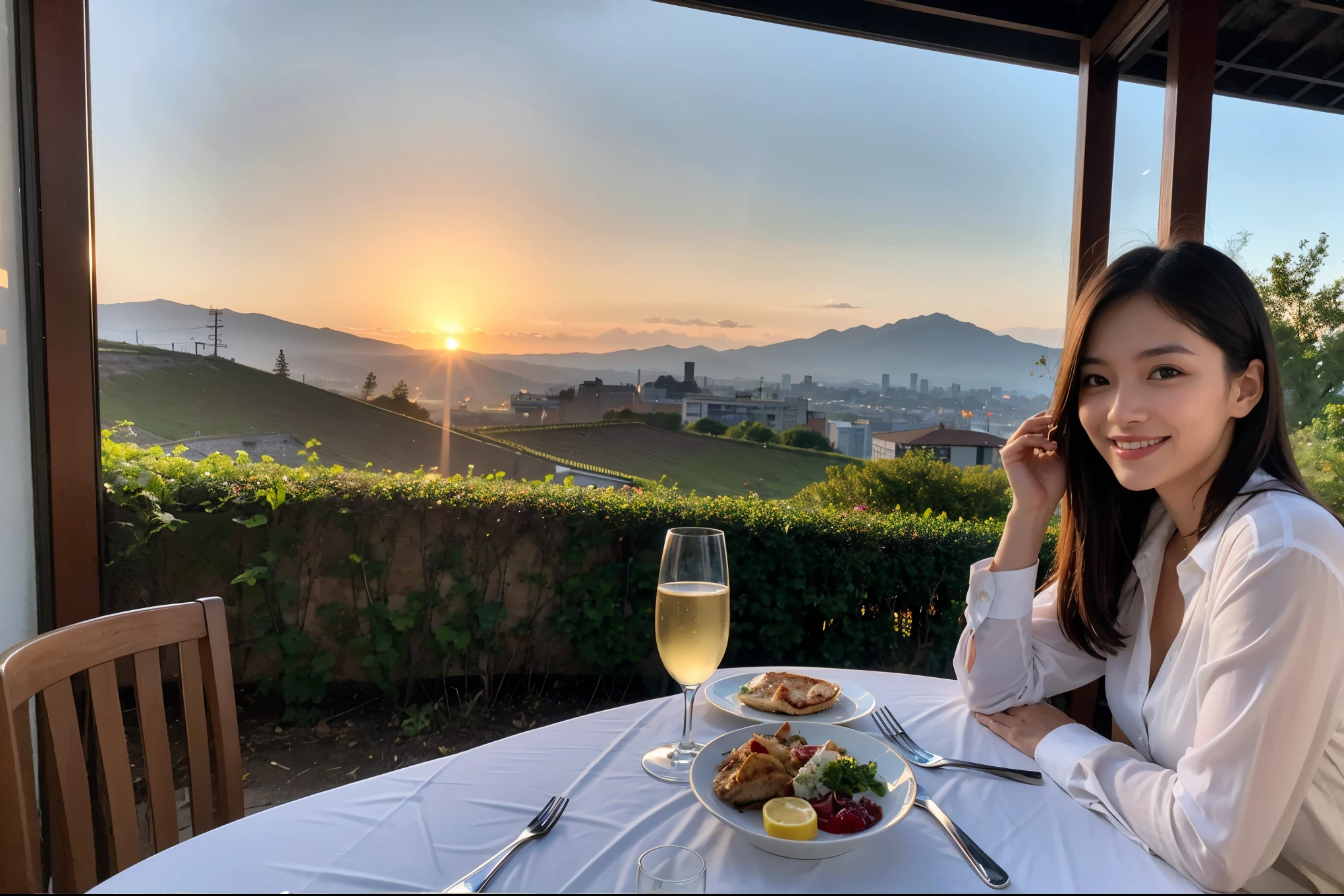 ((highest quality、8k、masterpiece:1.3))、1 male、1 female、lover、Beautiful couple、Japanese couple、Smile、Dinner Course、Appetizers、Italian food、 (Slim face), (the body is スリム), (Brown Hair), (Shortcuts), ((Bob Hale、Straight hair:1.2)), テーブルの上のwine glass、Please shine a light on my face、 Amazing view of the sunset sky and clouds、Amazing mountain views、The beauty of a smile、Bright image、Blushing, Shortcuts,Bright Face、 (36 years old), 39 years old, red wine 、Wine bottle、Champagne、sparkling wine、Long sleeve shirt、dress、Attractive beauty、restaurant, Nova Frog Style, actress, model, Upper Body, White wine, red wine, wine glass, 