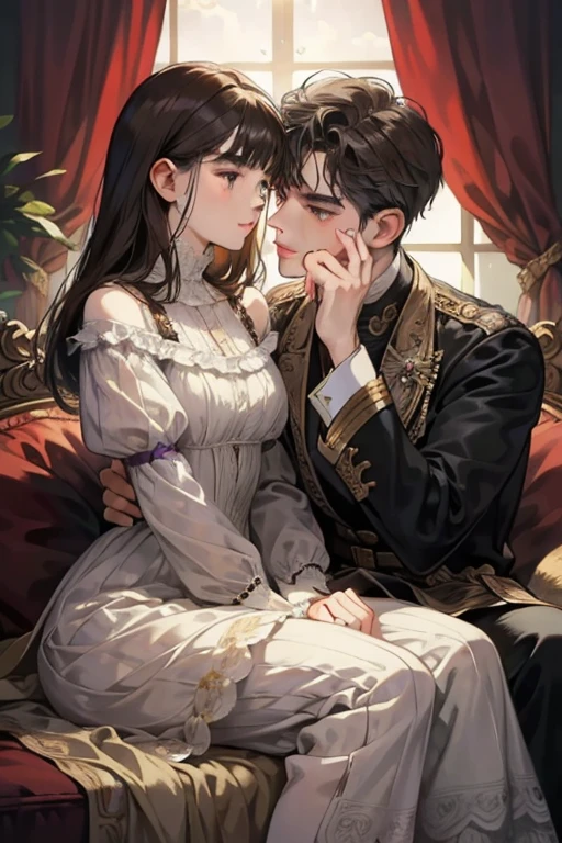 ((masterpieces)), best quality, outstanding illustration, a couple kissing, soft focus, 1 boy with short dark brown hair, 1 girl with long black front bang hair, Victorian clothes, Victorian romanticism, opulent and exquisite atmosphere, soft light and warm lighting, (girl’s eyes are purple), (boy’s eyes are grey).