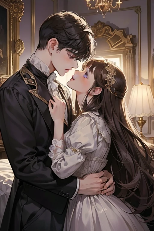((masterpieces)), best quality, outstanding illustration, a couple kissing, soft focus, 1 boy with short dark brown hair, 1 girl with long black front bang hair, Victorian clothes, Victorian romanticism, opulent and exquisite atmosphere, soft light and warm lighting, (girl’s eyes are purple), (boy’s eyes are grey).