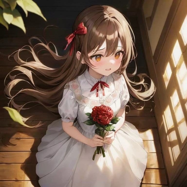 Anime girl with long brown hair and red bow holding roses, Anime visuals of cute girls, in dress, young anime girl, kawacy, Beautiful anime girl, Portrait of an anime girl, Cute anime girl, portrait of cute anime girlbabes, Cute anime waifu in a nice dress, guweiz, Beautiful Anime Portrait, Portrait Anime Girl