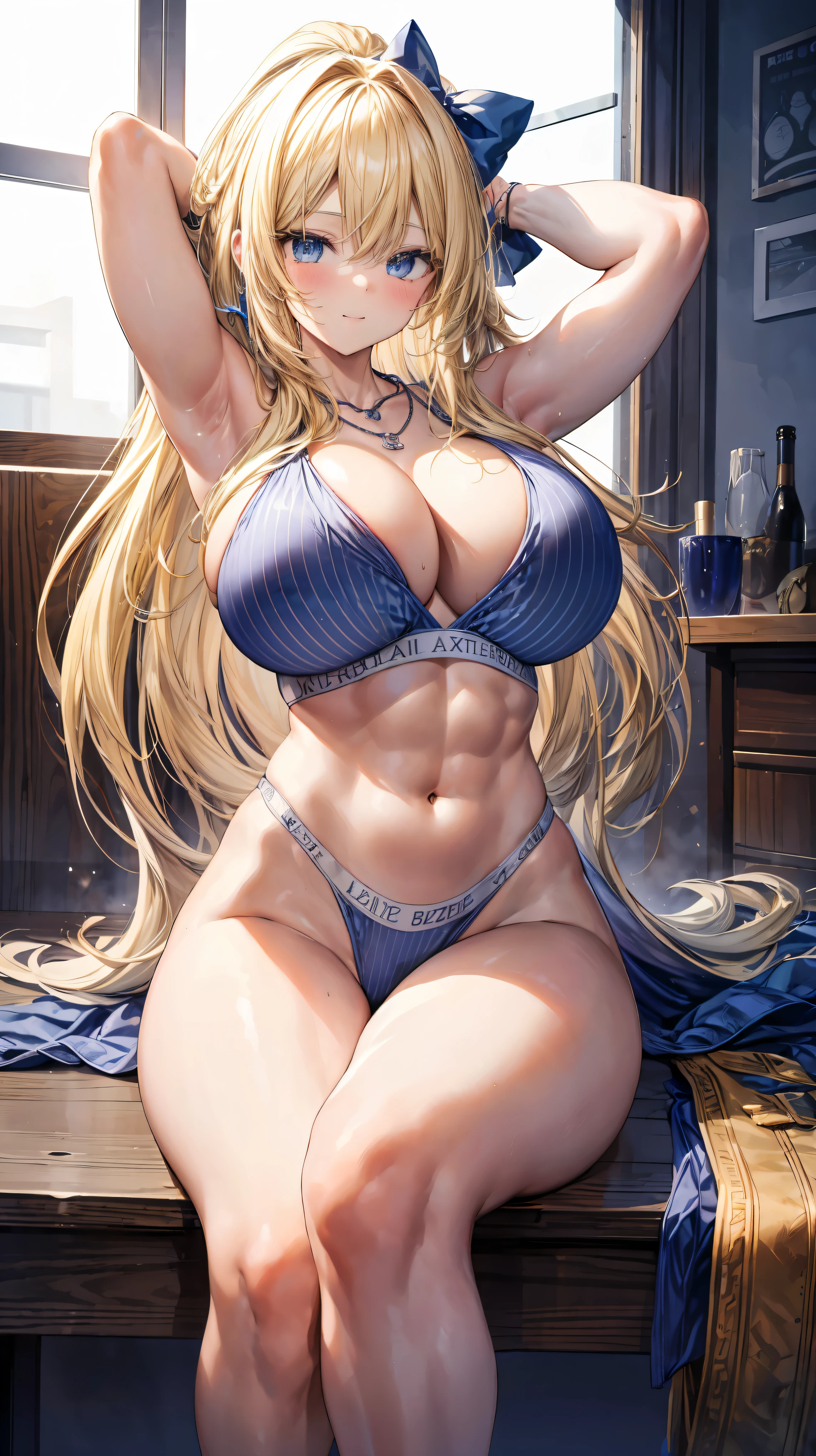 Very detailed、highest quality、Best image quality、masterpiece、8k、Cowboy Shot、Sparkling blue eyes、Anime Face、A kind smile、(Open your mouth:1.2)、(Big Breasts:1.6)、(Long Blonde Hair:1.5)、(SFW Giant)、(Muscles of the whole body)、(White Thong:1.1)、ckundies、(arms up behind)、(squat)、(Spread your legs),、Bow legs、(Bow-legged)、(necklace:1.3)