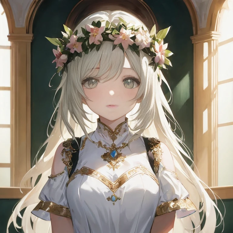 Anime girl with long white hair in white dress and flower crown, guweiz on pixiv artstation, guweiz on artstation pixiv, anime goddess, guweiz, Beautiful maiden, Beautiful Anime Portrait, Cute anime waifu in a nice dress, blonde - haired princess, white haired god, Beautiful anime girl, Detailed Digital Anime Art