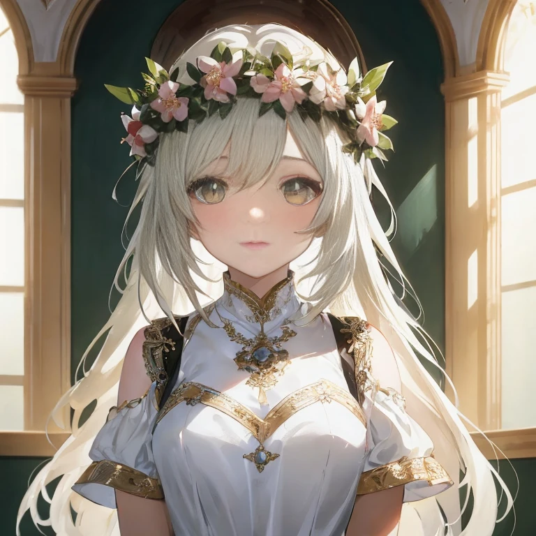 Anime girl with long white hair in white dress and flower crown, guweiz on pixiv artstation, guweiz on artstation pixiv, anime goddess, guweiz, Beautiful maiden, Beautiful Anime Portrait, Cute anime waifu in a nice dress, blonde - haired princess, white haired god, Beautiful anime girl, Detailed Digital Anime Art