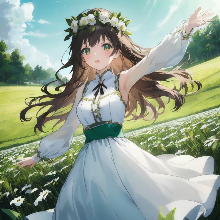 Woman in white dress standing in flower garden, Beautiful maiden, Anime visuals of cute girls, Official art, official anime artwork, anime moe art style, Beautiful anime, official artwork, Cute anime waifu in a nice dress, Smooth Anime CG Art, Beautiful anime girl, goddess of spring, high detailed official artwork, anime wallaper, beautiful anime art