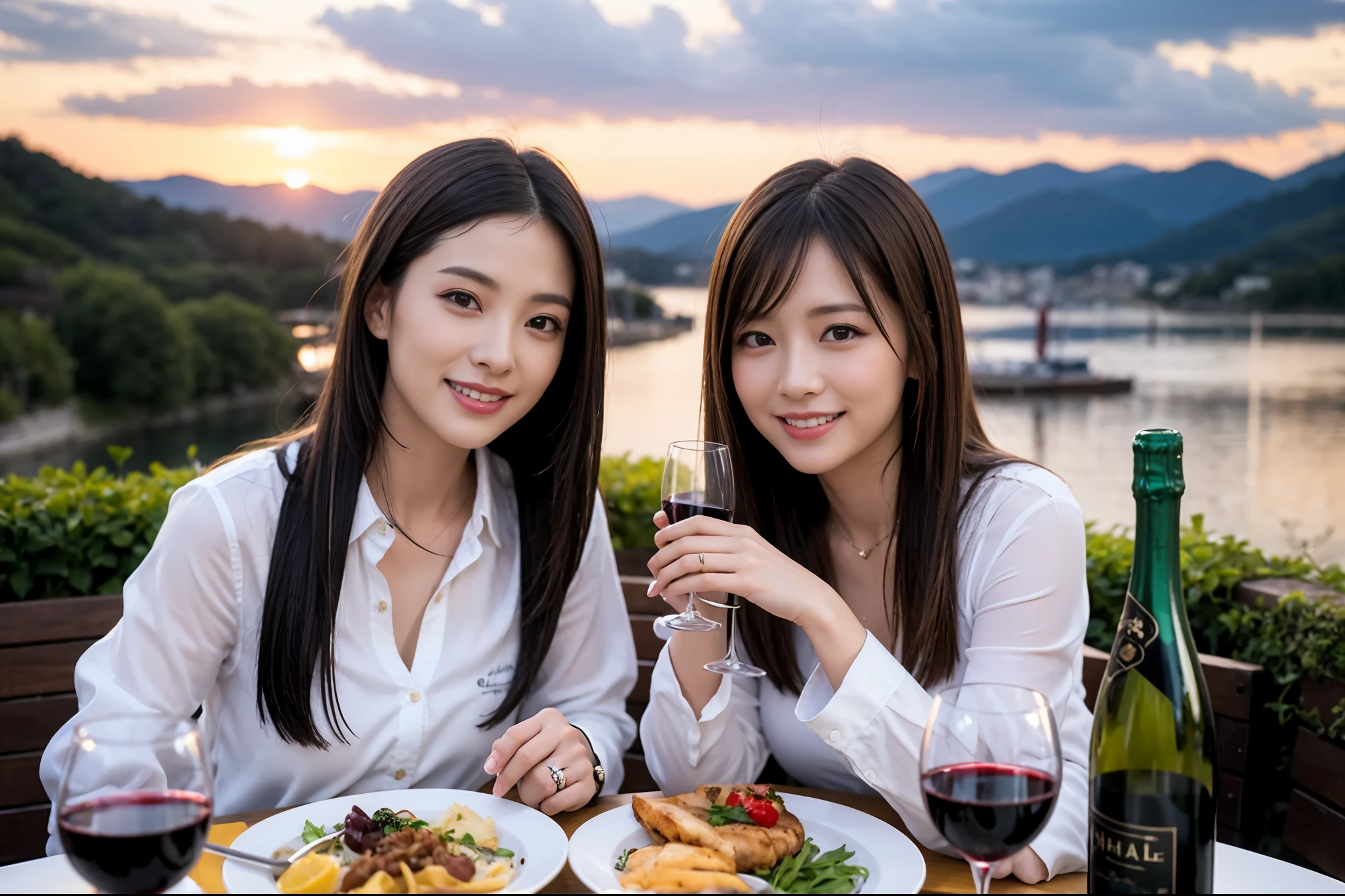 ((highest quality、8k、masterpiece:1.3))、1 male、1 female、lover、Beautiful couple、Japanese couple、Smile、Dinner Course、Appetizers、Italian food、 (Slim face), (the body is スリム), (Brown Hair), (Shortcuts), ((Bob Hale、Straight hair:1.2)), テーブルの上のwine glass、Please shine a light on my face、 Amazing view of the sunset sky and clouds、Amazing mountain views、The beauty of a smile、Bright image、Blushing, Shortcuts,Bright Face、 (36 years old), 39 years old, red wine 、Wine bottle、Champagne、sparkling wine、Long sleeve shirt、dress、Attractive beauty、restaurant, Nova Frog Style, actress, model, Upper Body, White wine, red wine, wine glass, 