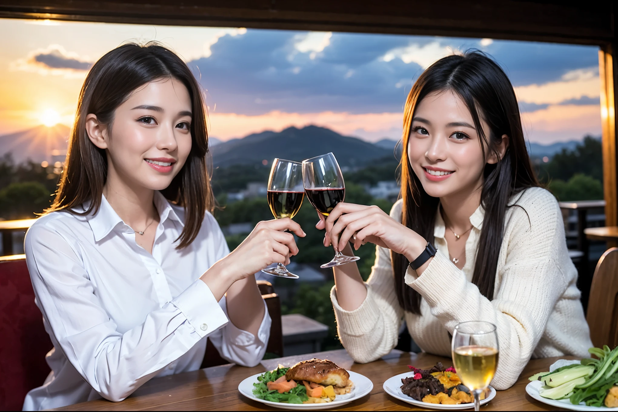 ((highest quality、8k、masterpiece:1.3))、1 male、1 female、lover、Beautiful couple、Japanese couple、Smile、Dinner Course、Appetizers、Italian food、 (Slim face), (the body is スリム), (Brown Hair), (Shortcuts), ((Bob Hale、Straight hair:1.2)), テーブルの上のwine glass、Please shine a light on my face、 Amazing view of the sunset sky and clouds、Amazing mountain views、The beauty of a smile、Bright image、Blushing, Shortcuts,Bright Face、 (36 years old), 39 years old, red wine 、Wine bottle、Champagne、sparkling wine、Long sleeve shirt、dress、Attractive beauty、restaurant, Nova Frog Style, actress, model, Upper Body, White wine, red wine, wine glass,