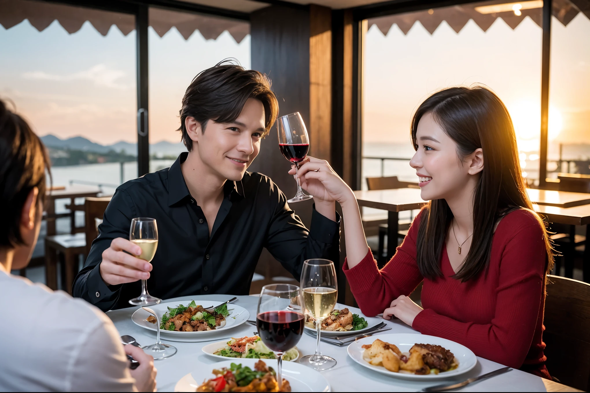 ((highest quality、8k、masterpiece:1.3))、1 male、1 female、lover、Beautiful couple、Japanese couple、Smile、Dinner Course、Appetizers、Italian food、 (Slim face), (the body is スリム), (Brown Hair), (Shortcuts), ((Bob Hale、Straight hair:1.2)), テーブルの上のwine glass、Please shine a light on my face、 Amazing view of the sunset sky and clouds、Amazing mountain views、The beauty of a smile、Bright image、Blushing, Shortcuts,Bright Face、 (36 years old), 39 years old, red wine 、Wine bottle、Champagne、sparkling wine、Long sleeve shirt、dress、Attractive beauty、restaurant, Nova Frog Style, actress, model, Upper Body, White wine, red wine, wine glass,