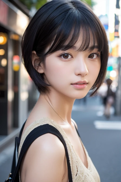 (High resolution:1.3), (16k, Photorealistic, Raw photo, Best image quality: 1.4), Japanese, (One Girl), Beautiful Face, (A vivid face), (Black-haired、short hair:1.3), Beautiful Hairstyles, Realistic eyes, Beautifully detailed eyes, (Realistic Skin), Beautiful skins, attractive, 超A high resolution, Surreal, High detail, Golden Ratio, Highly detailed cute girl,(20-year-old), Tokyo、Omotesando、Daytime、Detailed Background、(Many passers-by:2.0、Detailed face、Well-formed face), Taking off clothes