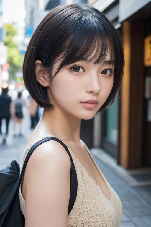 ((Best quality, 8k, Masterpiece :1.3)), Sharp focus :1.2, Perfect Body Beauty: 1.4, ((Layered short hair: 1.2)), (White silk dress, Street: 1.2), Highly detailed face and skin texture, Fine eyes, Double eyelids,