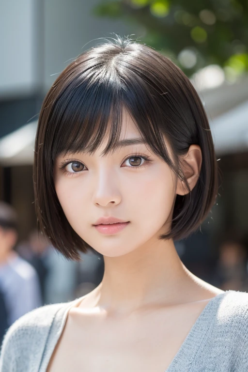 (High resolution:1.3), (16k, Photorealistic, Raw photo, Best image quality: 1.4), Japanese, (One Girl), Beautiful Face, (A vivid face), (Black-haired、short hair:1.3), Beautiful Hairstyles, Realistic eyes, Beautifully detailed eyes, (Realistic Skin), Beautiful skins, attractive, 超A high resolution, Surreal, High detail, Golden Ratio, Highly detailed cute girl,(20-year-old), Tokyo、Omotesando、Daytime、Detailed Background、(Many passers-by:2.0、Detailed face、Well-formed face), Taking off clothes