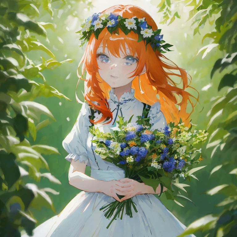 Anime girl with red hair and blue eyes holding a bouquet of flowers, Beautiful Anime Portrait, guweiz on pixiv artstation, anime lush john 8k woods, Detailed Digital Anime Art, beautiful anime art, made with anime painter studio, guweiz on artstation pixiv, beautiful anime art style, clean detailed anime art, painted in anime painter studio