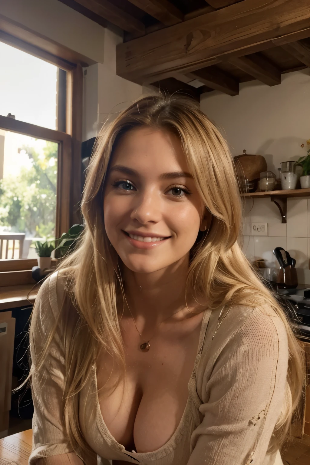 A 23-year-old blonde woman., ((pechos grandes)), ((hiperrealismo)) ,. café, blonde hair with light brown roots. cabello rubio, Hair with brown roots, cabello extra largo, cabello muy largo, pelo muy largo, Hermoso, Vista frontal, photo taken with High Definition camera, elegante blusa rosa, sentado en una mesa, escena del cafe, warm wood atmosphere, sunny day, High Definition photo, alta calidad, High Definition, pechos enormes, shy smile, ultraHigh Definition