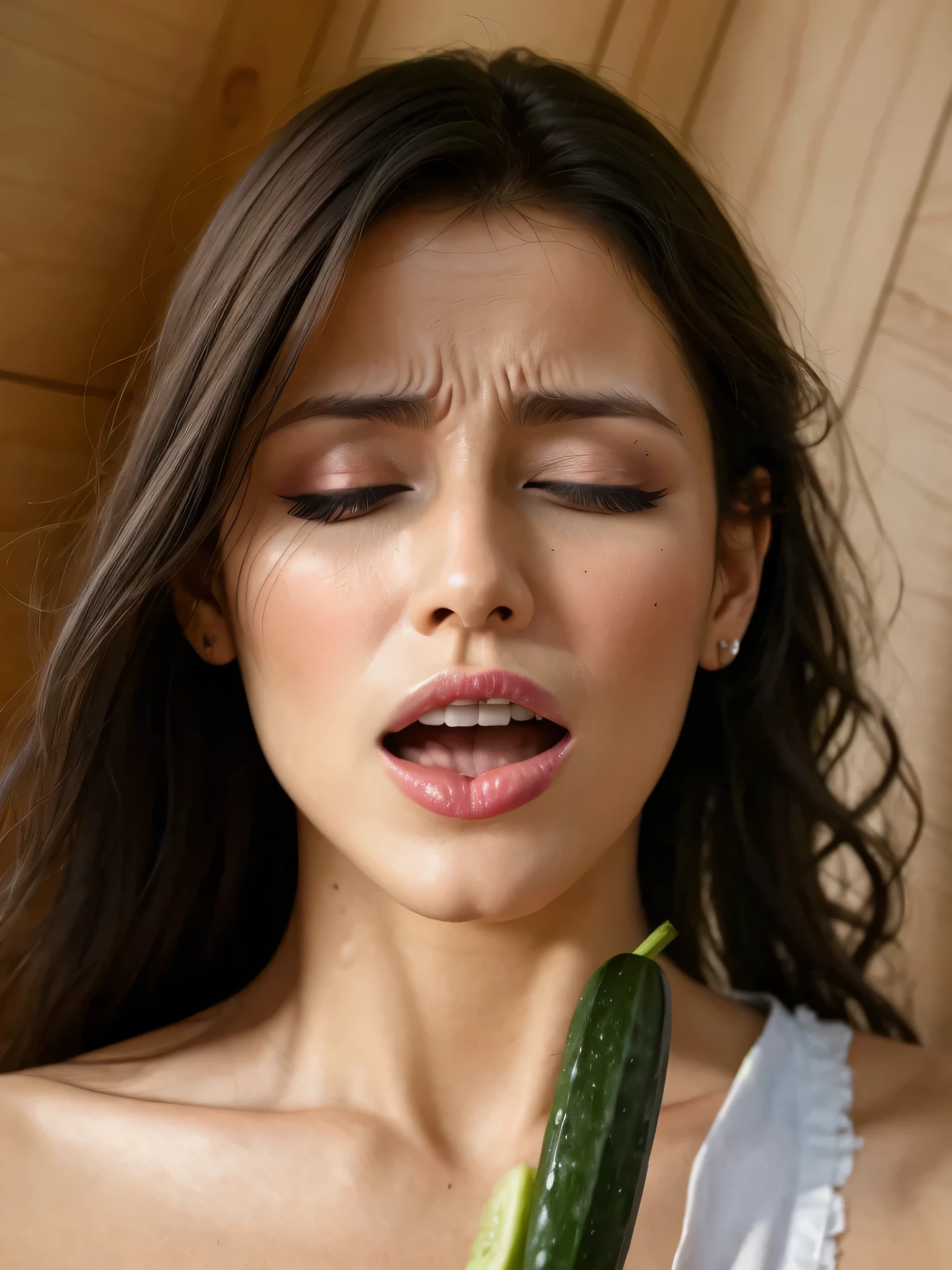 big cucumber, ((Masterpiece, best quality)),edgQuality, Orgasm,face focus, a woman with her eyes closed and her mouth open ,woman with Orgasm face
