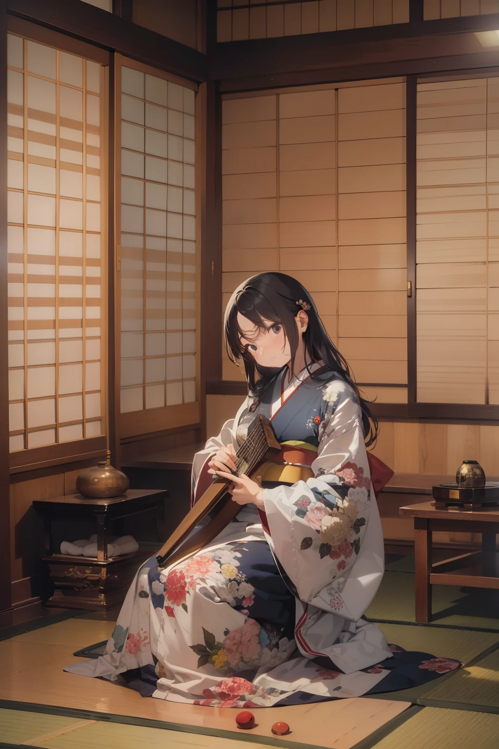 A 24-year-old woman playing traditional Japanese instruments. She has long, dark hair and is wearing a beautiful kimono. She is sitting gracefully with a koto in front of her, a shakuhachi beside her, and a shamisen resting nearby. The setting is serene, possibly a traditional Japanese room with tatami mats and shoji screens, evoking a sense of tranquility and cultural heritage.