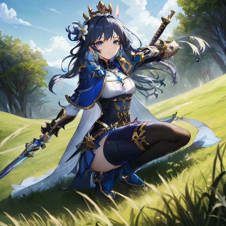 Woman in blue dress holding sword in field, Ayaka Genshin Impact, cushart krenz key art feminine, epic light novel art cover, high detailed official artwork, keqing from genshin impact, epic light novel cover art, Light Novel Cover Art, Granblue Fantasy, Genshin, Detailed key anime art, ayaka game genshin impact