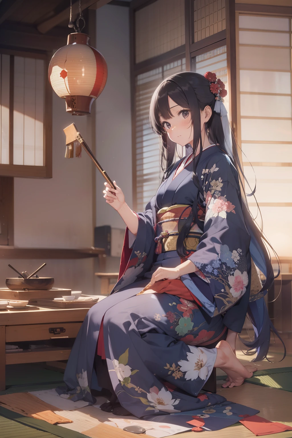 A 24-year-old woman playing traditional Japanese instruments. She has long, dark hair and is wearing a beautiful kimono. She is sitting gracefully with a koto in front of her, a shakuhachi beside her, and a shamisen resting nearby. The setting is serene, possibly a traditional Japanese room with tatami mats and shoji screens, evoking a sense of tranquility and cultural heritage.