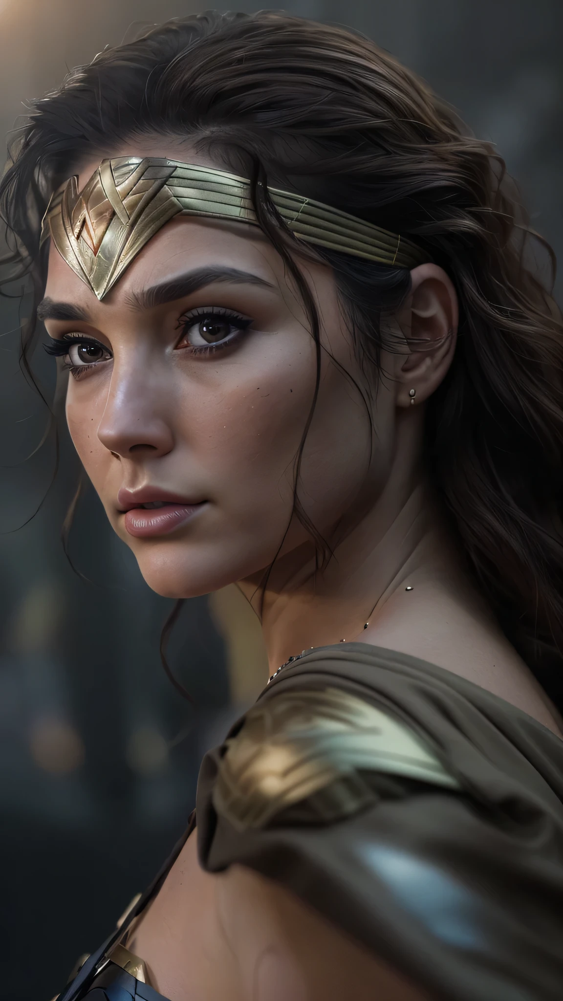 photorealistic Realism 8K, 16K, Quality: (Hyper absurd quality, extremely detailed detail, hyper resolution, clear sharp focus, not blurry, Realistic brown_eyes), ((perfect dark_eyeshadows:1.45)), (super Detailed, beautiful little nose:1.2), (perfect composition), (Wonder Woman Cosplay), incredibly similar to the original outfit from the WW movie, dynamic stance, face focused on the target in the distance, ready to fight, (upper body shot), (close up of her face), beautiful cheekbones, double eyelids, dslr, best high quality soft lighting, sharp focus captured by Fujifilm XT3, f 5.6, in a dramatic lighting, ((perfect composition)), ((pale skin)), ((dry skin)),