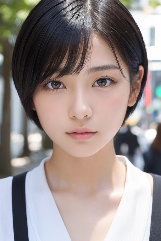 (High resolution:1.3), (16k, Photorealistic, Raw photo, Best image quality: 1.4), Japanese, (One Girl), Beautiful Face, (A vivid face), (Black-haired、short hair:1.3), Beautiful Hairstyles, Realistic eyes, Beautifully detailed eyes, (Realistic Skin), Beautiful skins, attractive, 超A high resolution, Surreal, High detail, Golden Ratio, Highly detailed cute girl,(20-year-old),  Tokyo、Omotesando、Daytime、Detailed Background、(Many passers-by:2.0、Detailed face、Well-formed face), Open the front of your clothes to reveal your naked body