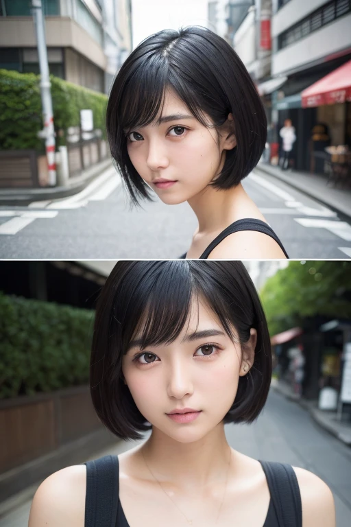 (High resolution:1.3), (16k, Photorealistic, Raw photo, Best image quality: 1.4), Japanese, (One Girl), Beautiful Face, (A vivid face), (Black-haired、short hair:1.3), Beautiful Hairstyles, Realistic eyes, Beautifully detailed eyes, (Realistic Skin), Beautiful skins, attractive, 超A high resolution, Surreal, High detail, Golden Ratio, Highly detailed cute girl,(20-year-old),  Tokyo、Omotesando、Daytime、Detailed Background、(Many passers-by:2.0、Detailed face、Well-formed face), Open the front of your clothes to reveal your naked body