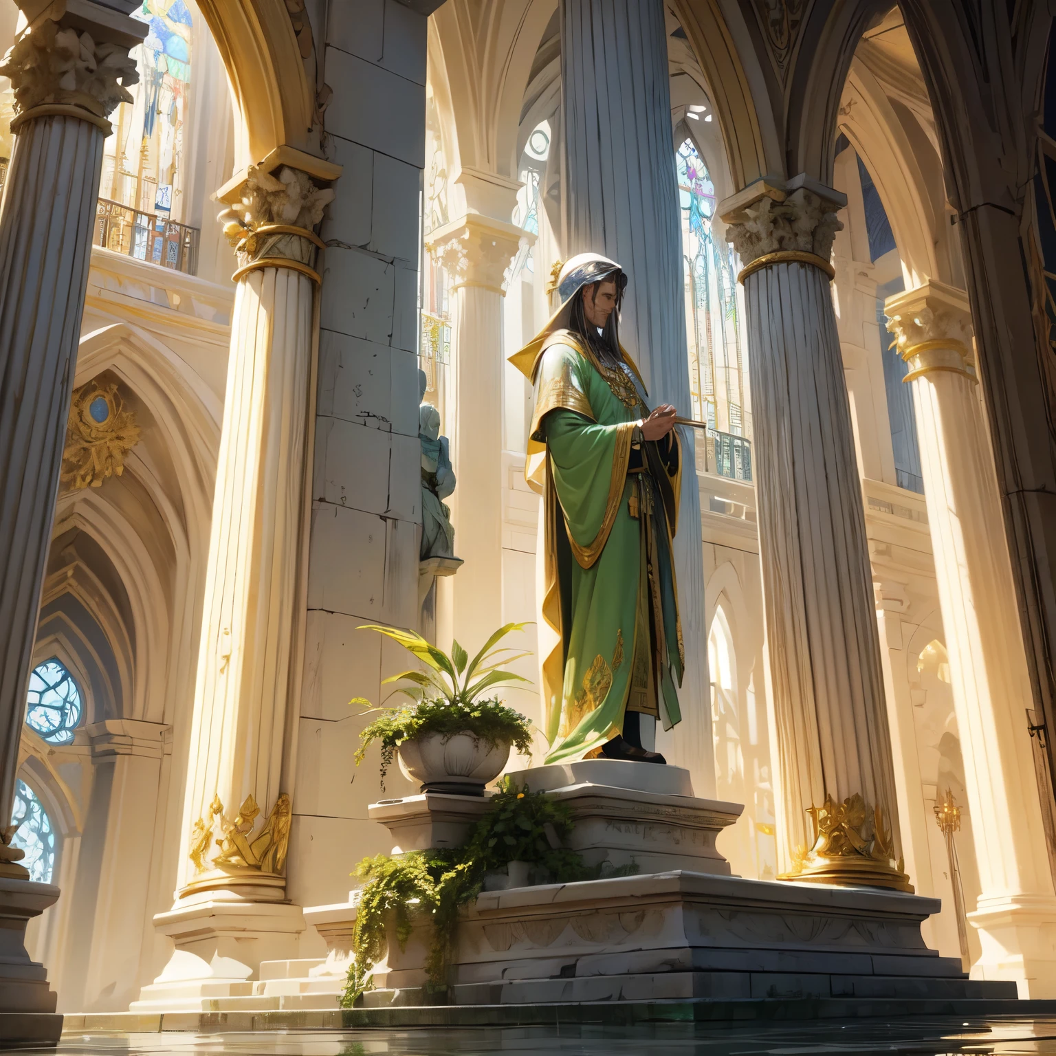 Crie uma imagem digital ultra HD de 8K de um nobre guerreiro Arcebispo sagrado de cabelos castanhos claros, longos e ondulados, no jardim do castelo. O Arcebispo tem olhos verdes brilhantes e pele clara. He is dressed in a royal green velvet robe with gold and silver trim., adornado com joias sagradas que brilham suavemente. Ele usa uma mitra dourada com pedras preciosas, gold bracelets on the wrists and a sacred amulet around the neck. No jardim, o Arcebispo empunha a Espada de Zeus. The sword is made of celestial gold and emits golden rays, with divine inscriptions along the blade that shine brightly. The hilt of the sword is adorned with small rays and lightning., simbolizando seu poder supremo. Ele segura a espada em uma pose de serenidade, pronto para proteger a natureza sagrada, while electric sparks dance around you. The Sword of Zeus is known for its ability to control thunder and lightning, e uma aura de poder divino emana dela. The castle garden is an oasis of tranquility, with leafy trees, flores coloridas e caminhos de pedra serpenteando pelo verde. Water fountains and marble benches offer places for reflection. A imagem deve capturar a beleza e a paz do jardim, highlighting the Archbishop's interaction with the Sword of Zeus.