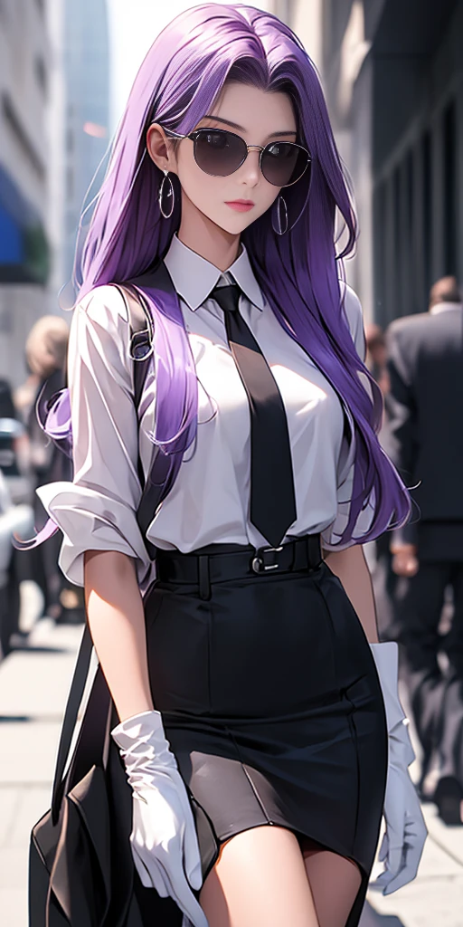 highest quality, masterpiece, high resolution,only {Black business suit:1.40} {tie:1.20} {sunglasses:1.25} {White gloves:1.15} { White shirt:1.10} {Black Skirt:1.15} good looking {Medusa_FGO:1.15} length_hair, purple_hair, very_length_hair, purple_eye, chest, big_chest