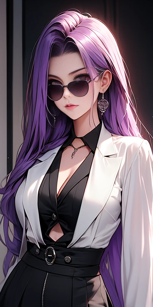 highest quality, masterpiece, high resolution,only {Black business suit:1.40} {tie:1.20} {sunglasses:1.25} {White gloves:1.15} { White shirt:1.10} {Black Skirt:1.15} good looking {Medusa_FGO:1.15} length_hair, purple_hair, very_length_hair, purple_eye, chest, big_chest