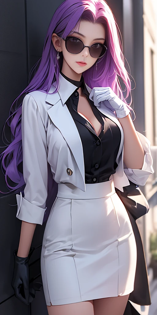 highest quality, masterpiece, high resolution,only {Black business suit:1.40} {tie:1.20} {sunglasses:1.25} {White gloves:1.15} { White shirt:1.10} {Black Skirt:1.15} good looking {Medusa_FGO:1.15} length_hair, purple_hair, very_length_hair, purple_eye, chest, big_chest