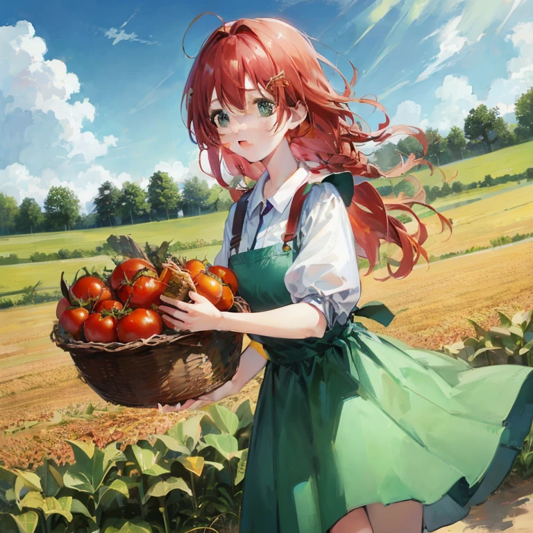 Red-haired anime girl with basket of tomatoes in field, Official art, sakimichan, Rin, art promotional, Trending on ArtStation pixiv, official artwork, zerochan art, made with anime painter studio, Beautiful sunflower anime girl, official illustrations, Anime visuals of cute girls, cushart krenz key art feminine