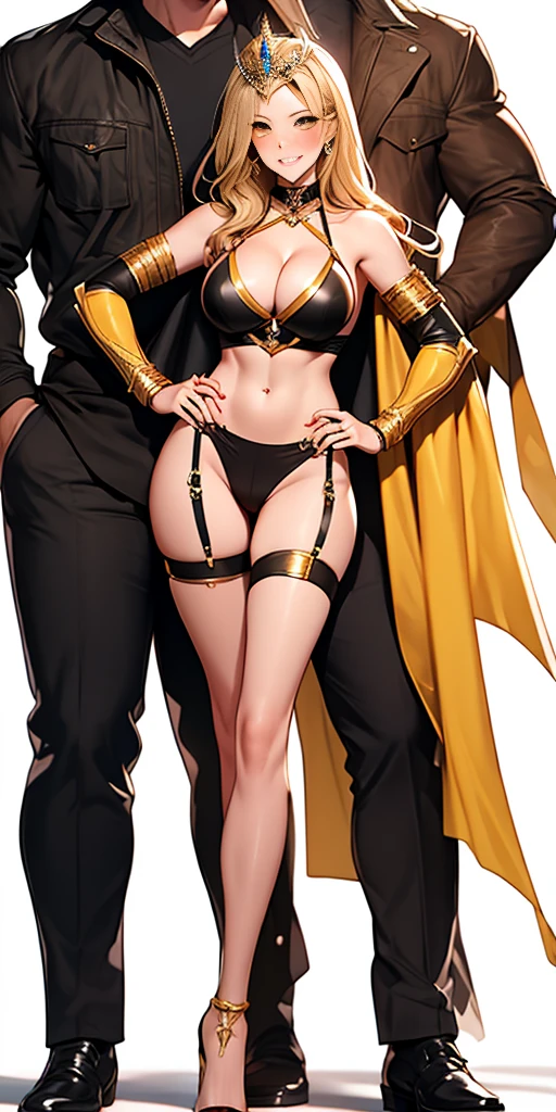 Two long thighs, yellow eyes, blonde hair, short hair, large breasts, detached sleeves, very white background, royal tiara, long cape, yellow tiger bikini, high heels, hands on hips. red tattoo on belly navel, full body female MILF BIMBO, lustful smirking smile face (red blush), metal shoulders, golden bracers sleeveless, black choker sex slave, blindolded, leather corset abs navel, parted lips, blindfolded