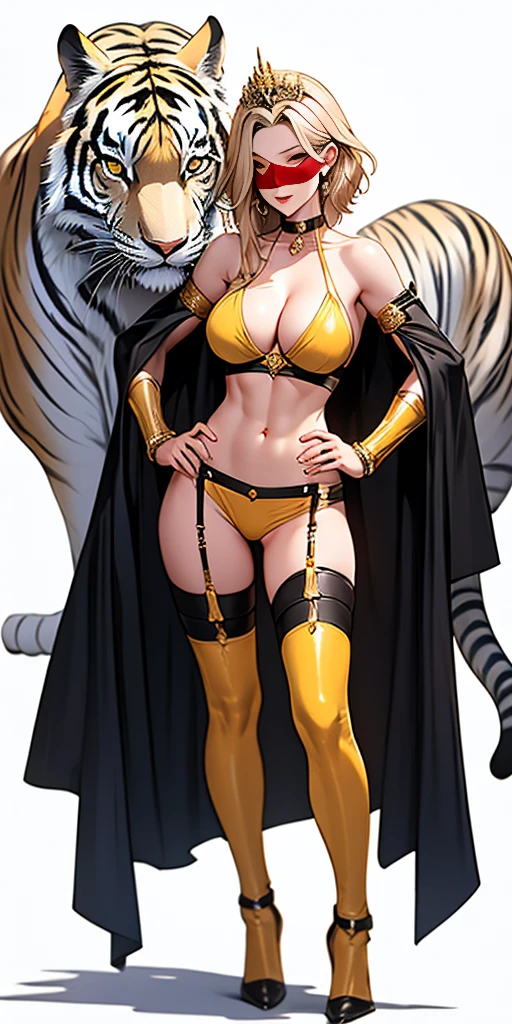 Two long thighs, yellow eyes, blonde hair, short hair, large breasts, detached sleeves, very white background, royal tiara, long cape, yellow tiger bikini, high heels, hands on hips. red tattoo on belly navel, full body female MILF BIMBO, lustful smirking smile face (red blush), metal shoulders, golden bracers sleeveless, black choker sex slave, blindolded, leather corset abs navel, parted lips, blindfolded