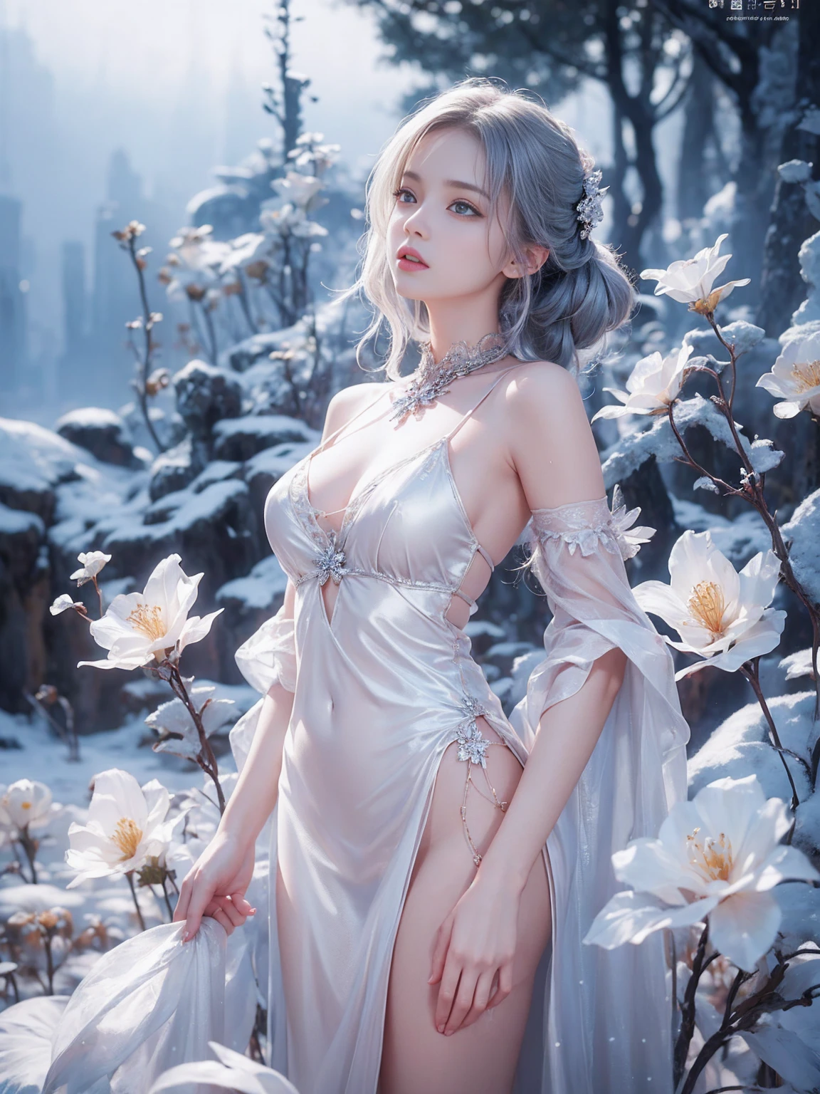 (((masterpiece))), highest quality, figure, 4K wallpaper, Cinematic Light, Absurd, One girl,(snow,ice), Snow Flower, In winter, Gray Hair, Shiny Hair, Wavy Hair, Transparent clothes, Frills, race, Wet clothes, off_shoulder, Hair Scrunchie,masterpiece, telescope lens, Absurd, Graceful featureovie Posting，Poster composition，Strike a pose gracefully，classical，Natural light，Soft Light，（7 Doppelgangers） ，amazing，Dreams are magical，Mysterious、Ecstasy, I see the flowing notes