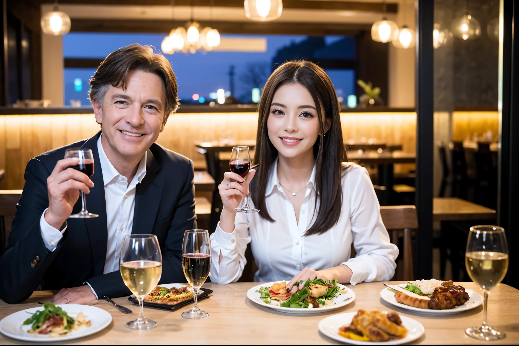 ((Highest quality、8K、masterpiece:1.3))、1 male 1 female、lover、Beautiful couple、Happy smile、full-course dinner、 (Slim face), (the body is スリム), (Brown Hair), (Shortcuts), ((Bob Hale、Straight hair:1.2)), テーブルの上のwine glass、Put the light on your face、 Amazing view of the sunset sky and clouds、The beauty of a smile、Bright image、Blushing, Shortcuts, (43 years old), 39 years old, Appetizers、Italian food、Wine bottle、Champagne、sparkling wine、Long sleeve shirt、dress、Attractive beauty、restaurant, Nova Frog Style, actress, model, Upper Body, White wine, red wine, wine glass, 