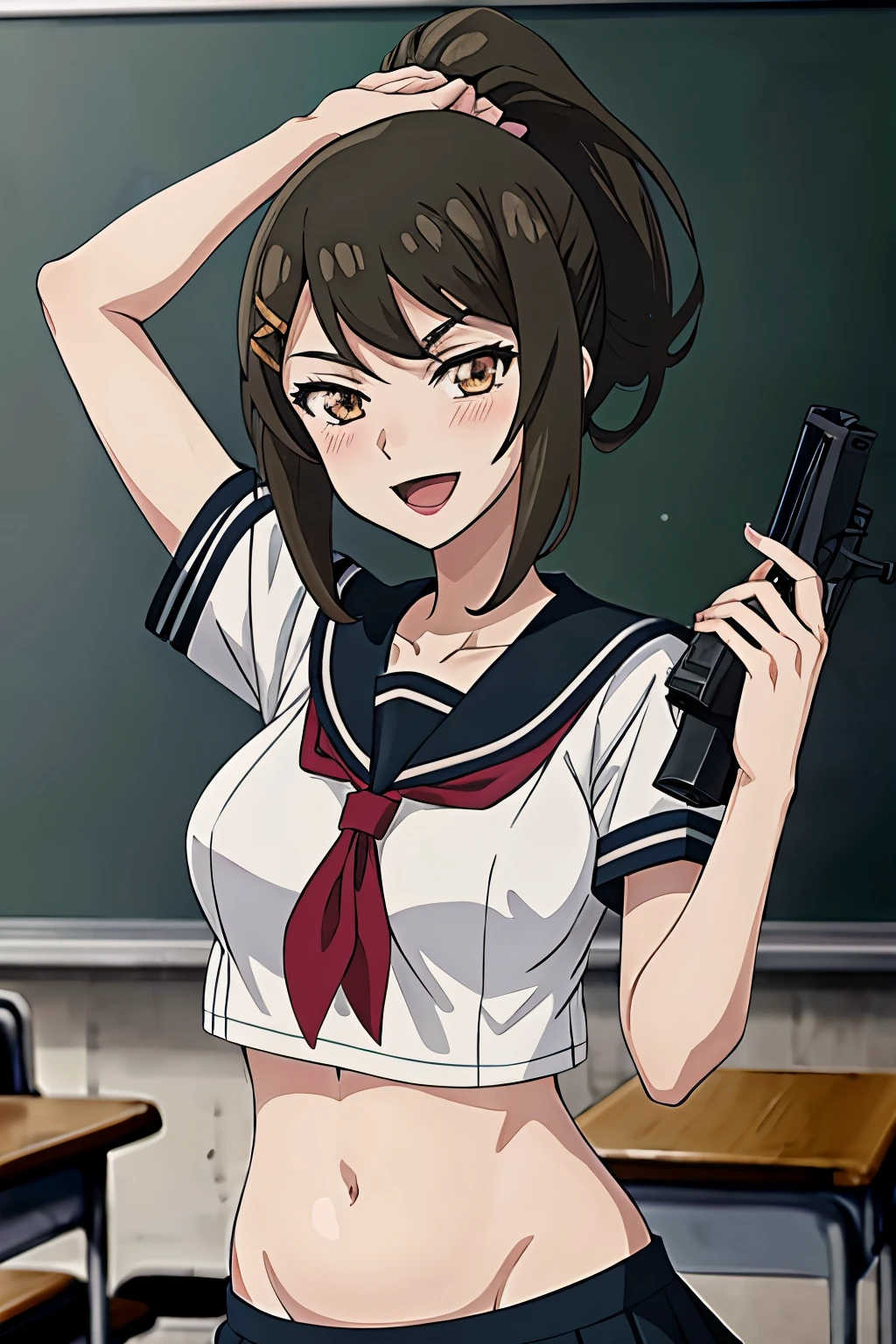 saechabashira, sae chabashira, long hair, (black hair:1.5), hair ornament, (brown eyes:1.3), ponytail, hairclip,
evil smile, blush, lipstick, fmasterpiece, best quality, highly detailed, a anime girls in sailor uniforms with a gun posing for a picture,
evil smile, smile, open mouth,black_serafuku, ecchi anime style, anime girls , (nsfw) not safe for work,
ecchi style, ecchi, shipgirls, digital anime art!!, high school girls, holding a gun, hold a gun, anime style 4
k, micro skirt, exposed belly, exposed navel, exposed midriff,
exposed lower belly,school, classroom