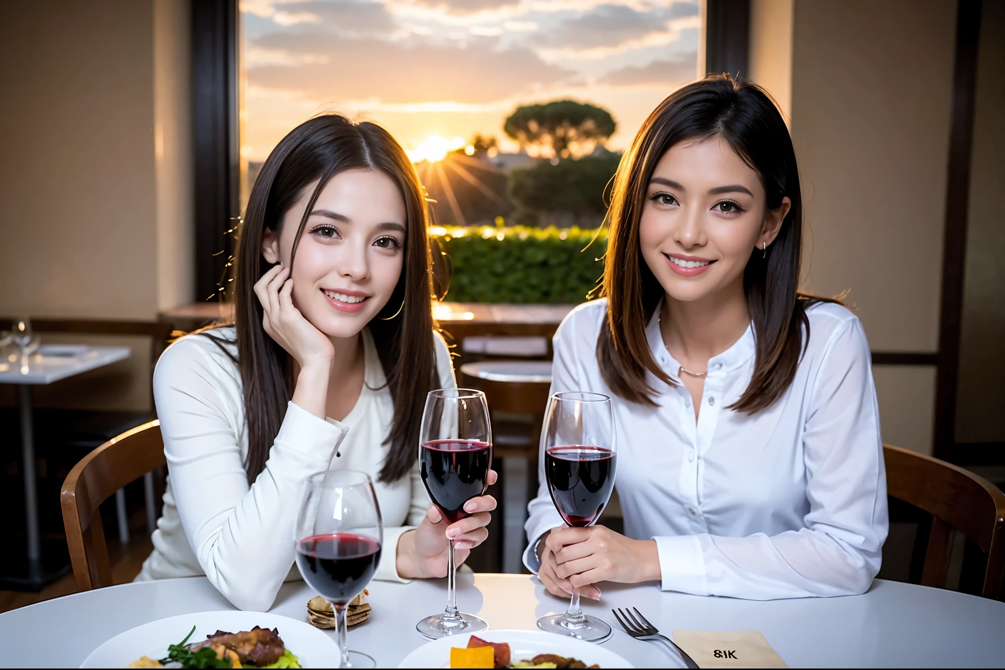 ((highest quality、8k、masterpiece:1.3))、1 male、1 female、spouse、Beautiful couple、smile、full-course dinner、 (Slim face), (the body is スリム), (Brown Hair), (Shortcuts), ((Bob Hale、Straight hair:1.2)), テーブルの上のwine glass、Please shine a light on my face、 Amazing view of the sunset sky and clouds、smileの美しさ、Shortcuts,Bright Face、 (42 years old), 39 years old, red wine 、Appetizers、Italian food、Wine bottle、Champagne、sparkling wine、Long sleeve shirt、dress、Attractive beauty、restaurant, Nova Frog Style, actress, model, Upper Body, White wine, red wine, wine glass, 