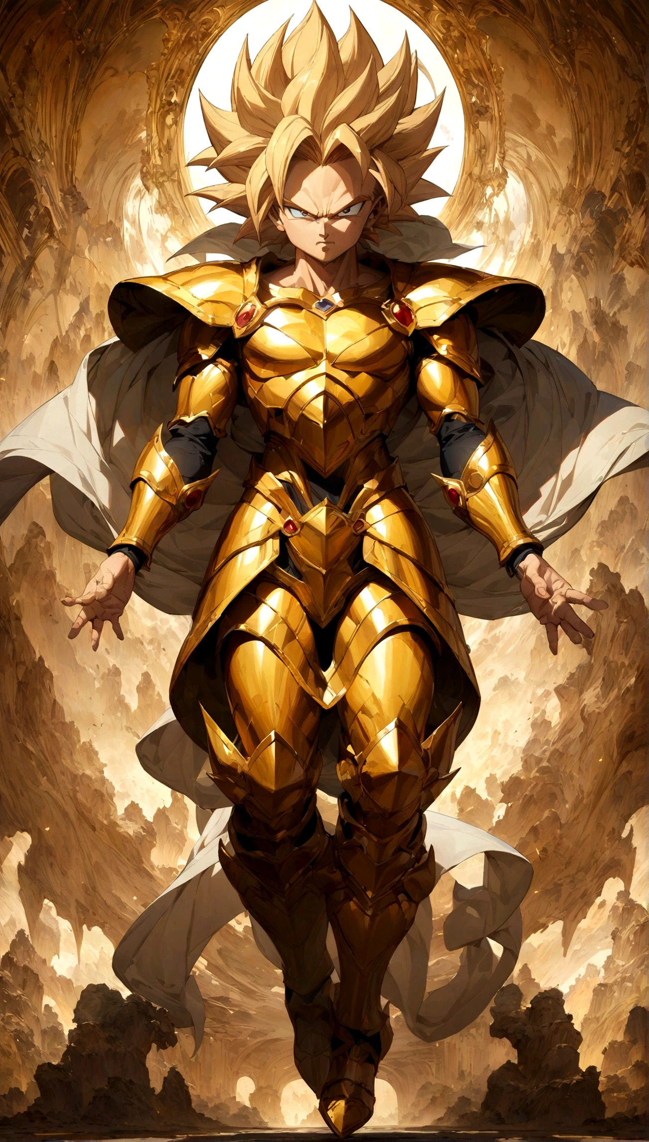 (Best quality, masterpieces,anime style,style of akira toriyama:1.1)，A Super Saiyan wearing a Pegasus Gold Armor，levitation,full_body wallpaper