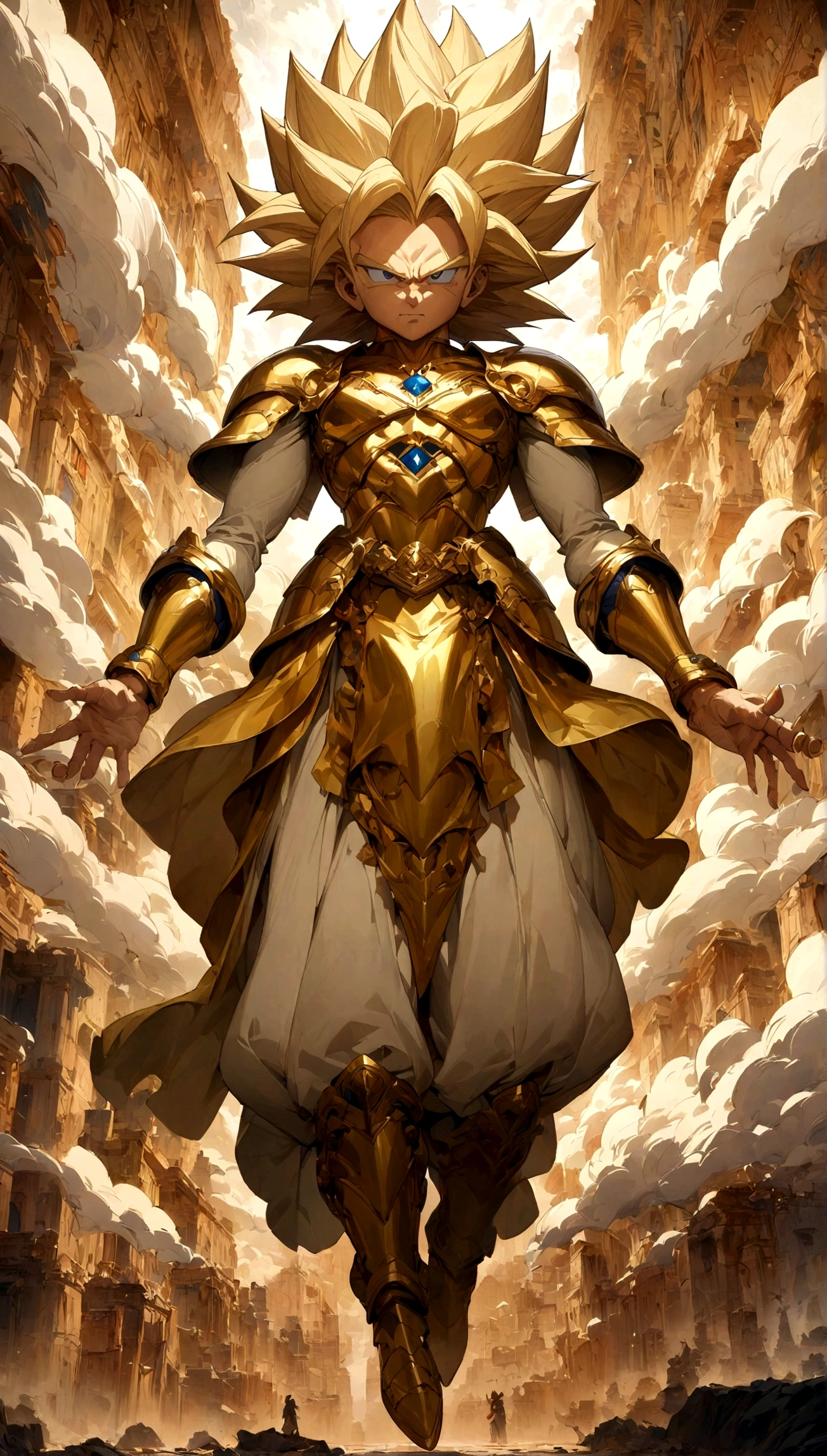 (Best quality, masterpieces,anime style,style of akira toriyama:1.1),A Super Saiyan wearing a Pegasus Gold Armor,levitation,full_body wallpaper