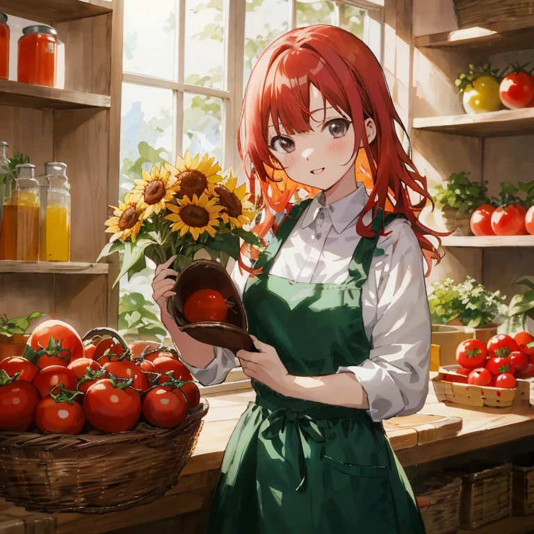 Red-haired anime girl with tomato bowl and sunflower basket, Beautiful sunflower anime girl, sakimichan, Rin, Official art, painted in anime painter studio, marin kitagawa fanart, made with anime painter studio, In the kitchen, ( ( ( yoshinari yoh ) ) ), Anime visuals of cute girls, art promotional, sakimichan
