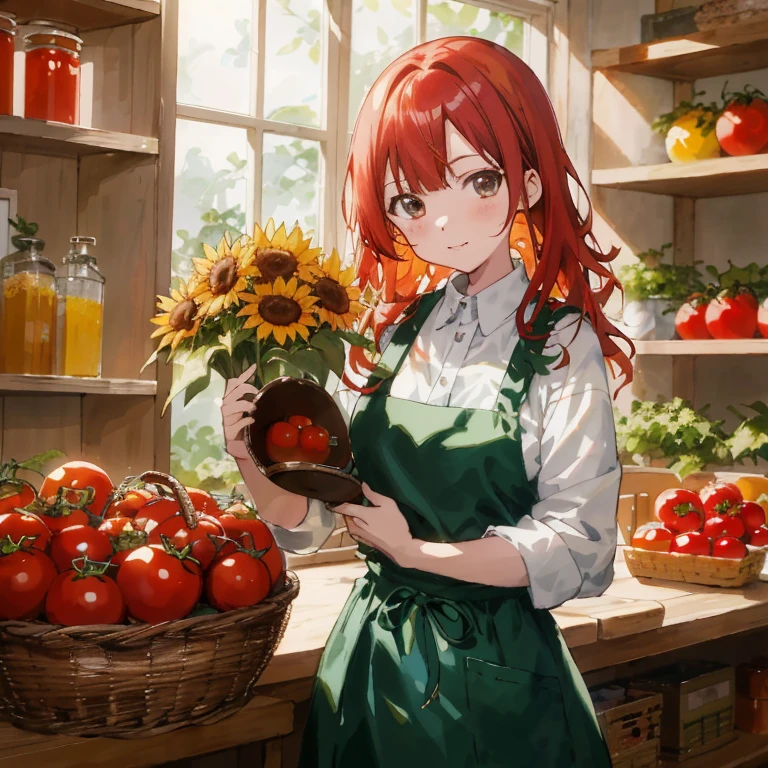 Red-haired anime girl with tomato bowl and sunflower basket, Beautiful sunflower anime girl, sakimichan, Rin, Official art, painted in anime painter studio, marin kitagawa fanart, made with anime painter studio, In the kitchen, ( ( ( yoshinari yoh ) ) ), Anime visuals of cute girls, art promotional, sakimichan