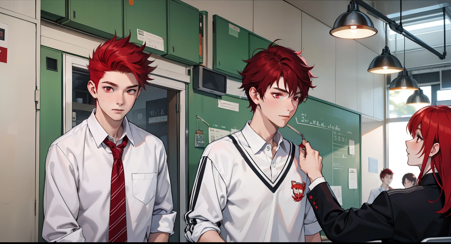 red hair red eyes cute 17 year old boy is at school