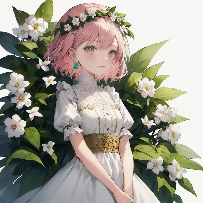 Anime girl with pink hair and white dress standing in front of flowers, guweiz, guweiz on pixiv artstation,  in dress, guweiz on artstation pixiv, lolish, artwork in the style of guweiz, Official art, krenzcushart, Cute anime waifu in a nice dress, guweiz masterpiece