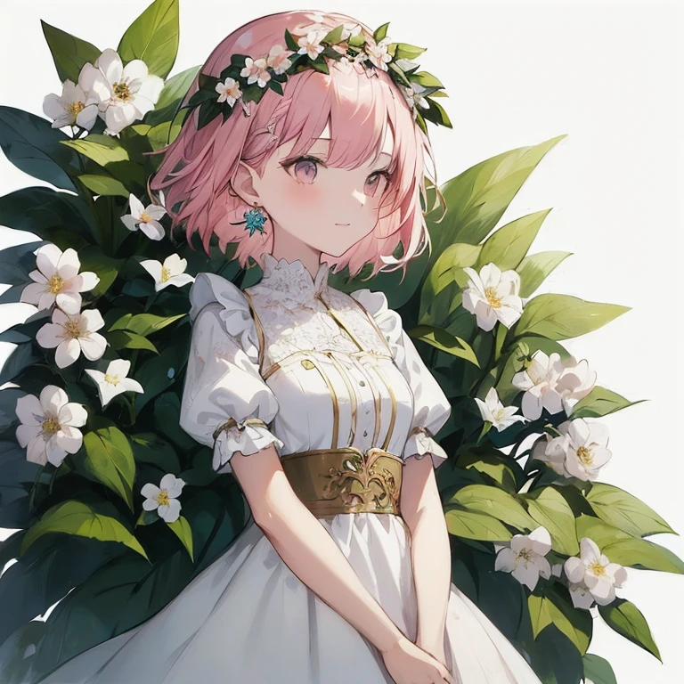 Anime girl with pink hair and white dress standing in front of flowers, guweiz, guweiz on pixiv artstation,  in dress, guweiz on artstation pixiv, ****sh, artwork in the style of guweiz, Official art, krenzcushart, Cute anime waifu in a nice dress, guweiz masterpiece