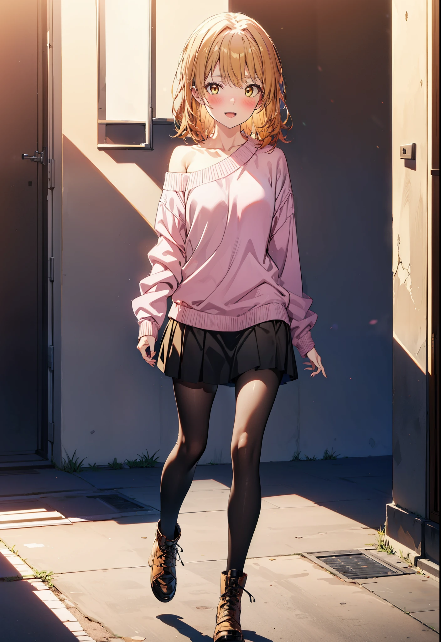 irohaisshiki, iroha isshiki, Long Hair, Brown Hair, (Brown eyes:1.5), happy smile, smile, Open your mouth,Yellow one-shoulder sweater,black long skirt,Black pantyhose,short boots,morning,morning陽,The sun is rising,whole bodyがイラストに入るように,Walking,scenery　Building district,
break outdoors, balcony,
break looking at viewer,whole body,
break (masterpiece:1.2), highest quality, High resolution, unity 8k wallpaper, (figure:0.8), (Beautiful fine details:1.6), Highly detailed face, Perfect lighting, Highly detailed CG, (Perfect hands, Perfect Anatomy),