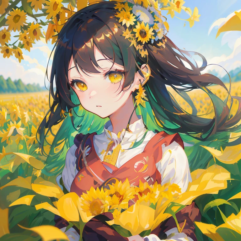Anime girl with long hair and crown of flowers in yellow flower field, Beautiful sunflower anime girl, Yellow flowers bloom around it, guweiz, sakimichan, in flower field, artgerm and atey ghailan, artwork in the style of guweiz, stands in a flowering field, Smooth Anime CG Art, girl frontal in a flower field