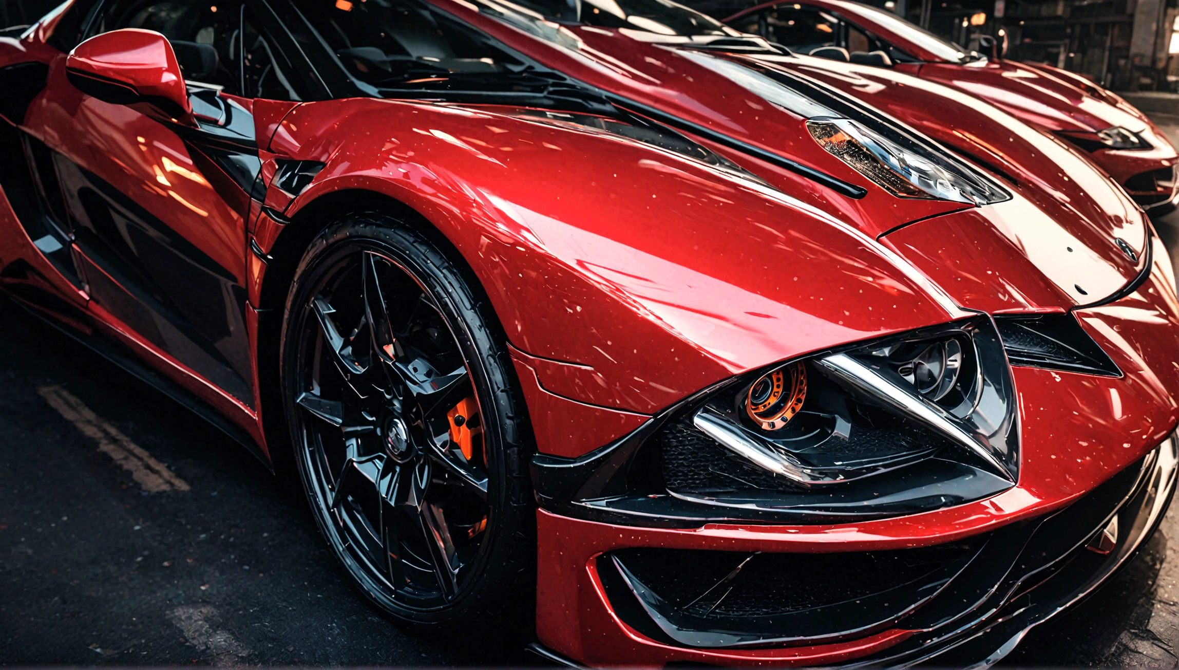 a girl with a black and red supercar, beautiful detailed eyes, beautiful detailed lips, extremely detailed eyes and face, long eyelashes, photorealistic, 8k, ultra-detailed, realistic, masterpiece, vibrant colors, dynamic lighting, glossy car paint, intricate details, dramatic composition, cinematic angle