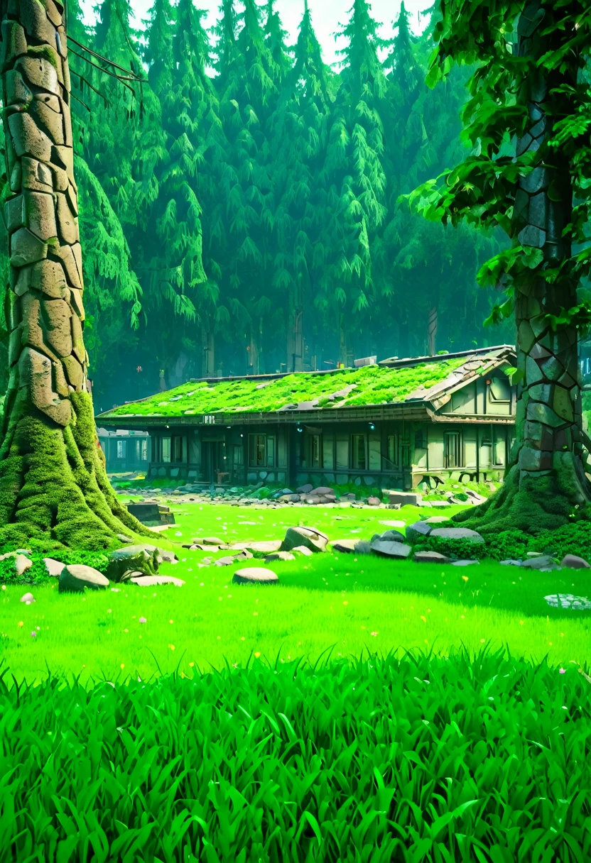 Cyberpunk, broken, there is a dense primeval forest with a lot of vintage house building pictures, cyberpunk, broken, there are a lot of stones, green lush forest background, thick tree background, large meadow, arena background, game background, exaggerated forest background, cartoon style